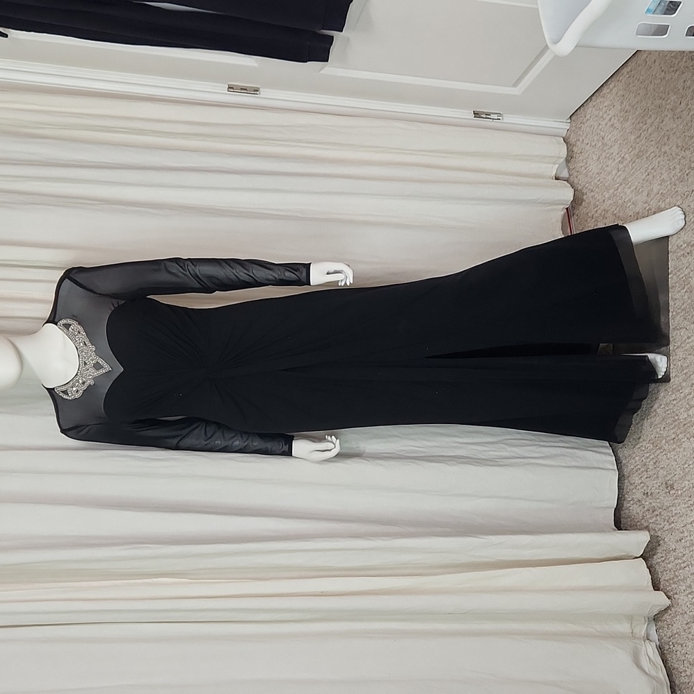 Blu Sage Black 8 Sheer Top & Sleeves Sweetheart Maxi Front Bottom Slit Glitzy